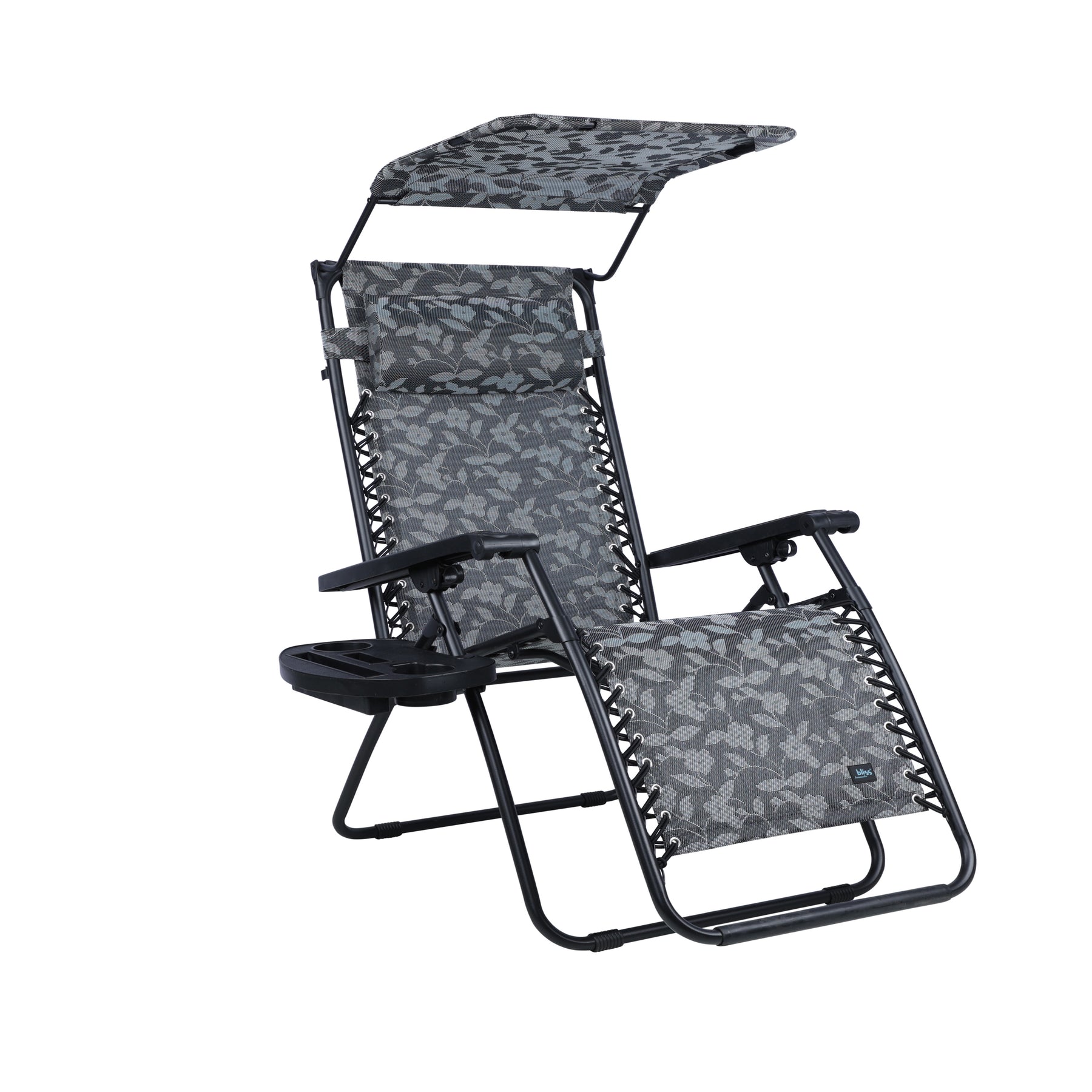 Bliss Hammocks 33-inch Wide XXL Zero Gravity Chair with Adjustable Canopy Sun-Shade, Drink Tray, and Adjustable Pillow in the platinum flower variation.