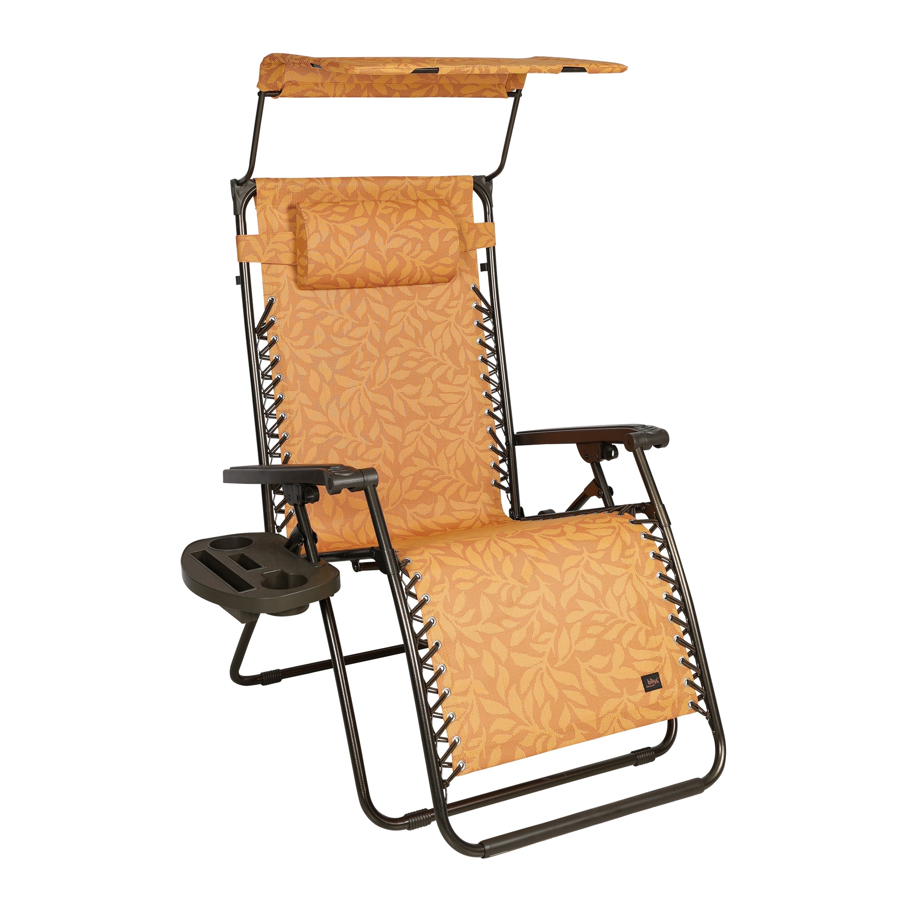 Bliss Hammocks 30-inch Wide XL Zero Gravity Chair with Adjustable Canopy Sun-Shade, Drink Tray, and Adjustable Pillow in the amber leaf variation.
