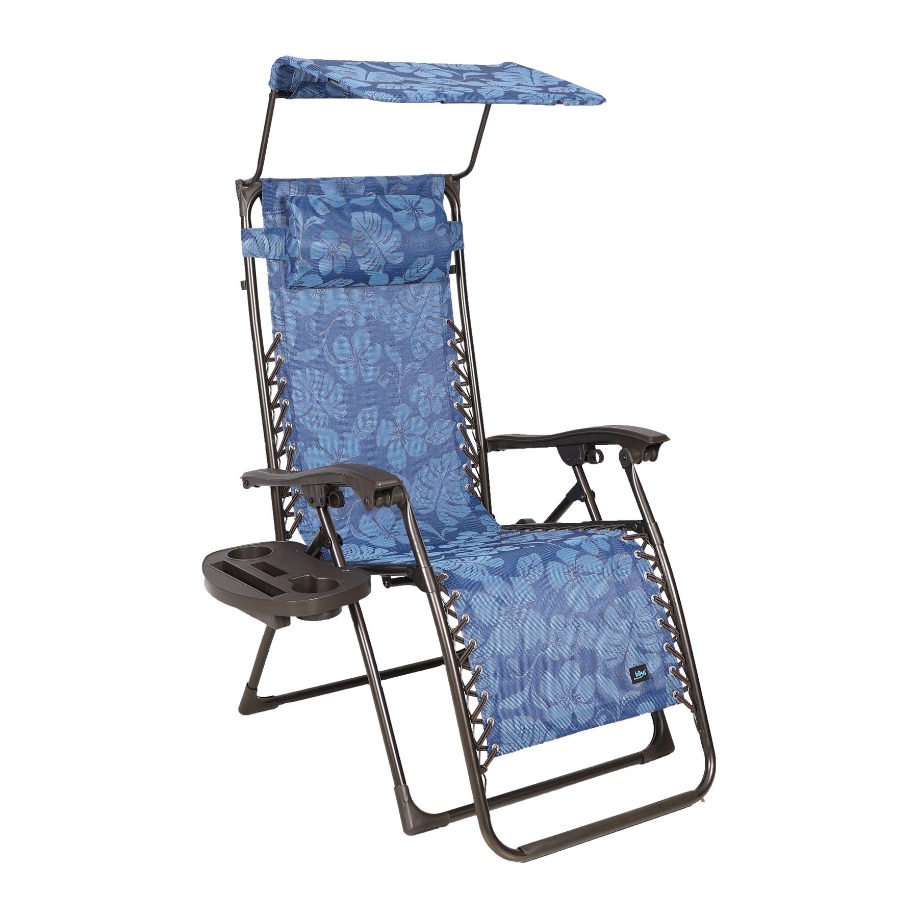 Bliss Hammocks 26-inch Wide Zero Gravity Chair with Canopy, Pillow, and Drink Tray in the blue flowers variation.