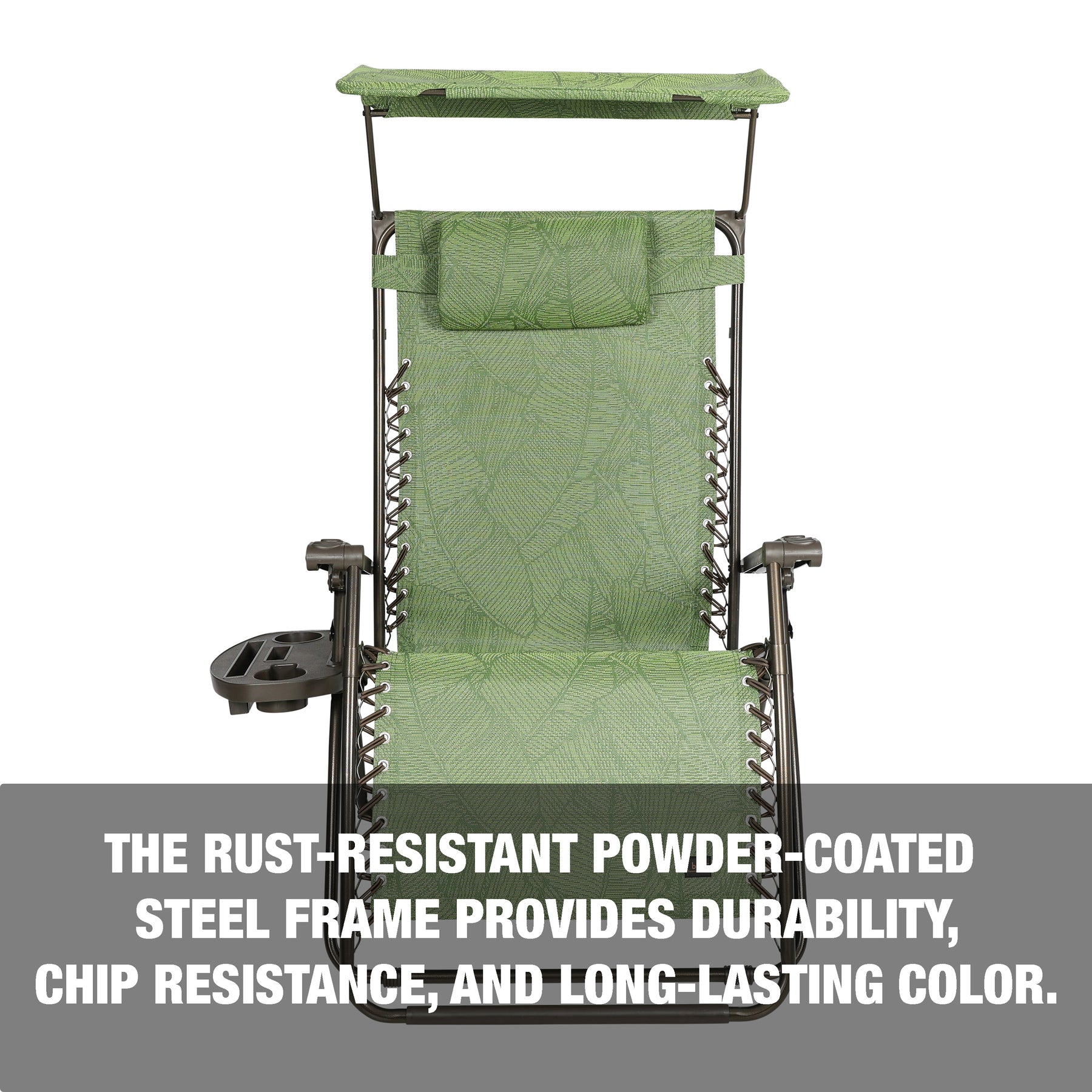 The rust-resistant powder-coated steel frame provides durability, chip resistance, and long-lasting color.