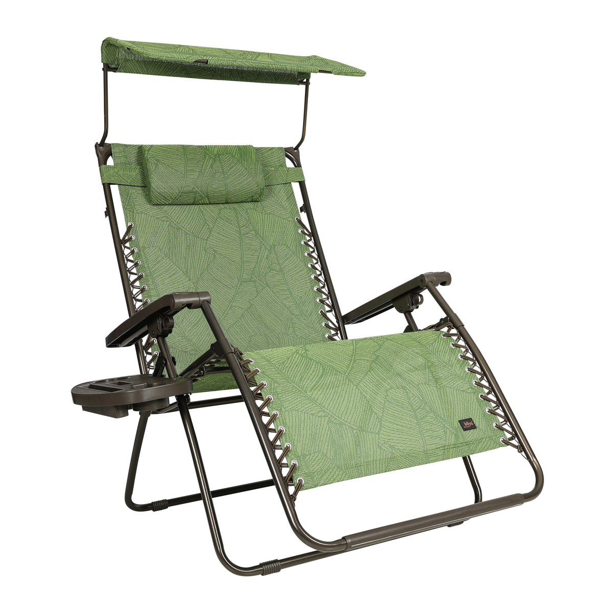 Bliss Hammocks 30-inch Wide XL Zero Gravity Chair with Adjustable Canopy Sun-Shade, Drink Tray, and Adjustable Pillow in the green banana leaves variation.