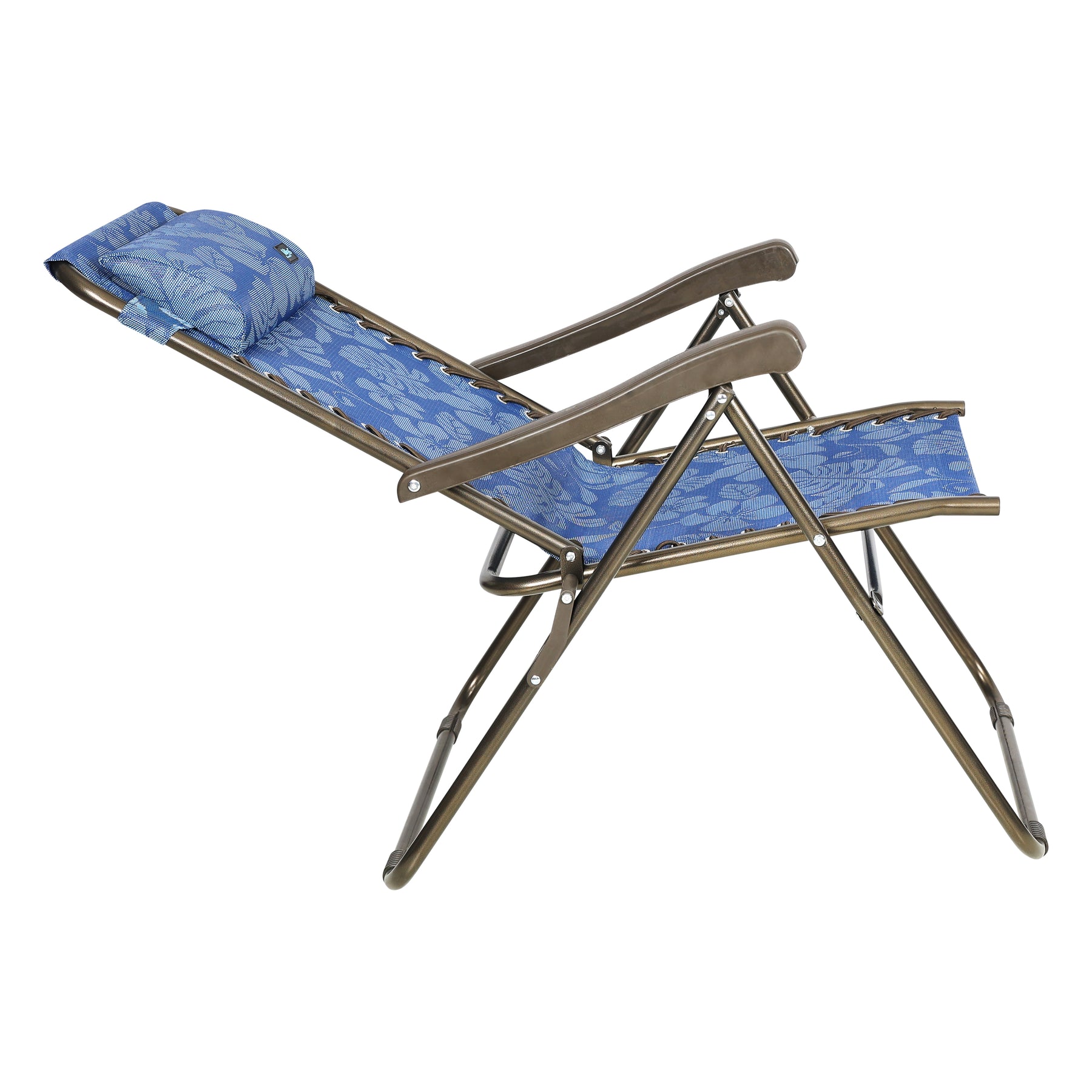 Side view of a reclined Bliss Hammocks 26-inch Wide Reclining Sling Chair with Pillow in the blue flowers variation.