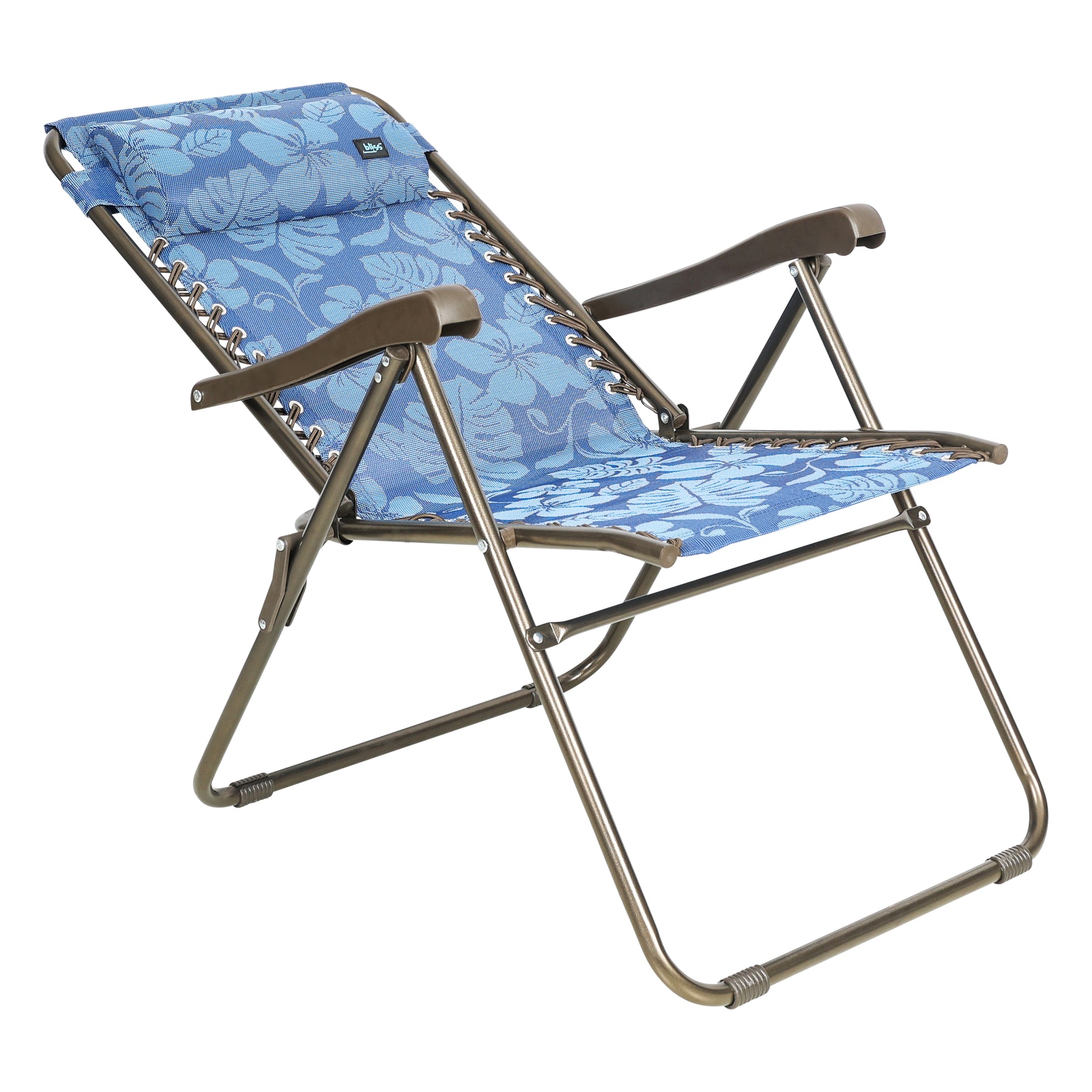 Angled view of a reclined Bliss Hammocks 26-inch Wide Reclining Sling Chair with Pillow in the blue flowers variation.