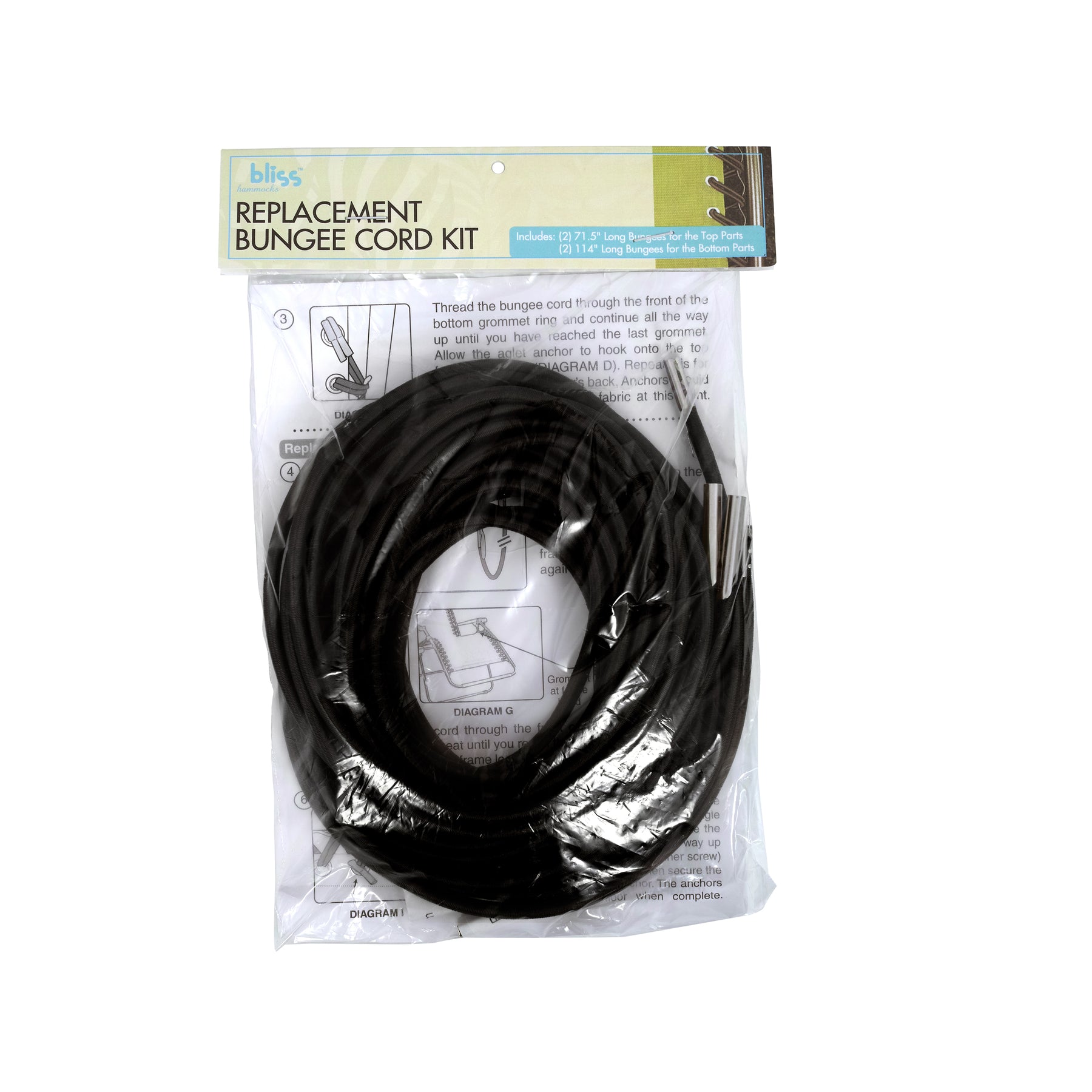 Packaging for the Bliss Hammocks 55-inch Replacement Bungee Cord Kit for Folding Side Tables in the black variation.