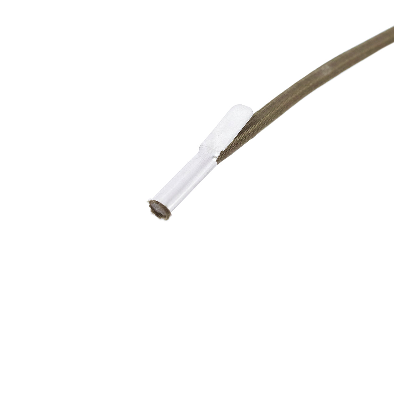 Close up of the metal tip on the Bliss Hammocks Replacement Pillow Bungee Cord for Zero Gravity Chair in the brown variation.