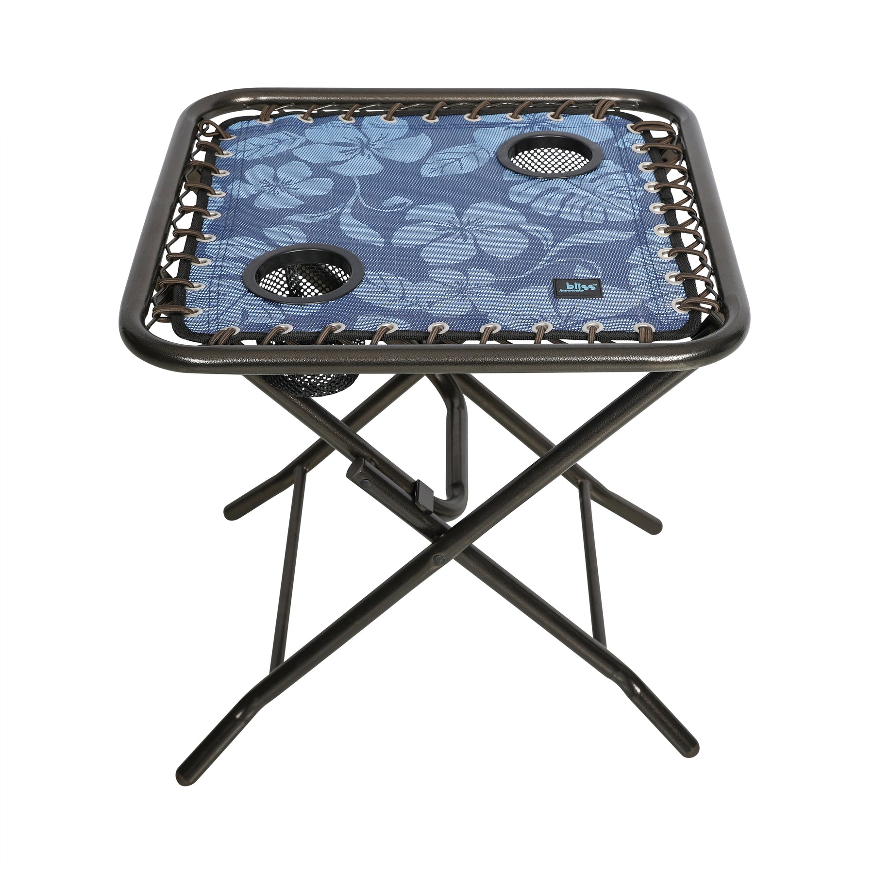 Side view of the Bliss Hammocks 20-inch Folding Side Table with 2 Built-In Cup Holders in the blue flowers variation.
