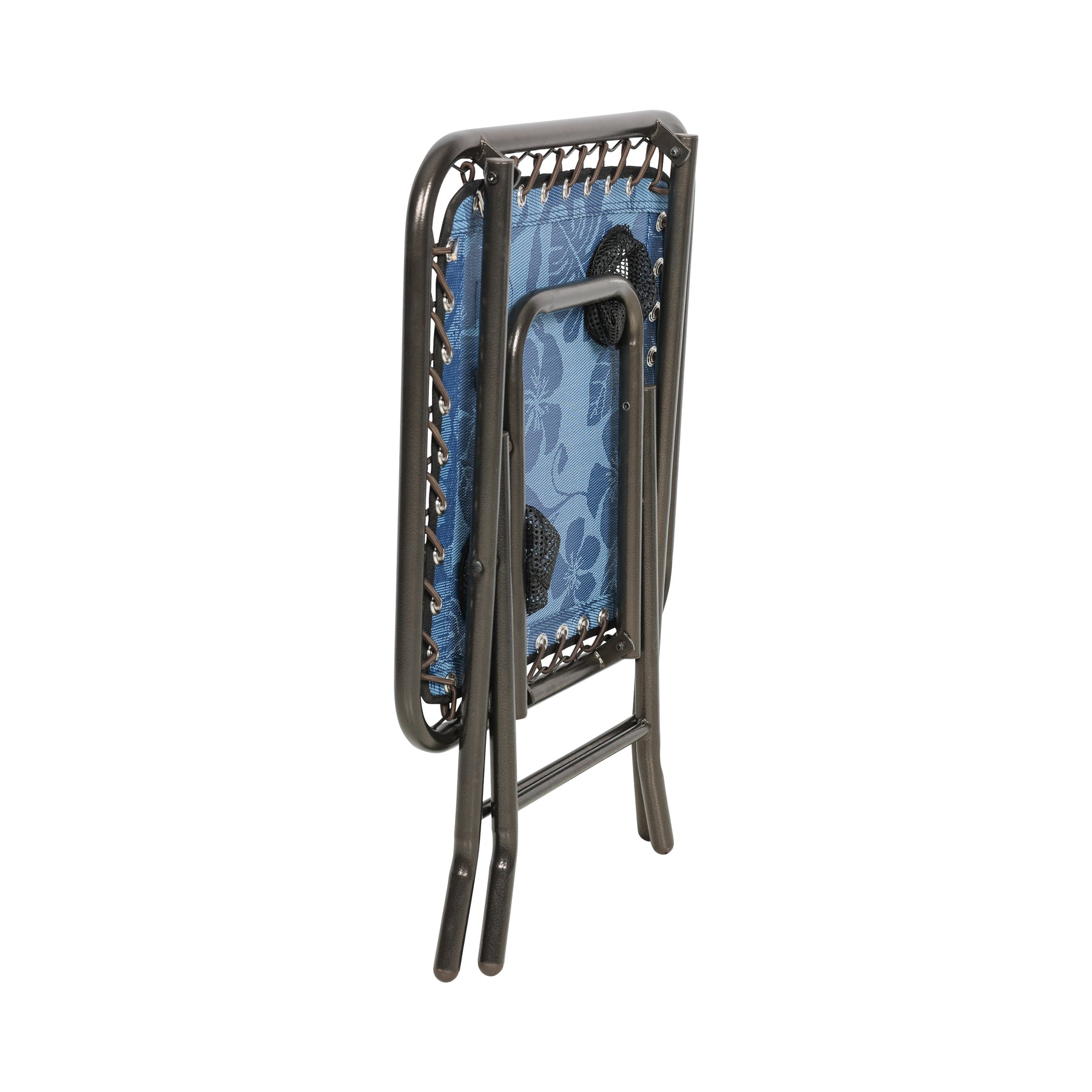 Side view of a folded Bliss Hammocks 20-inch Folding Side Table with 2 Built-In Cup Holders in the blue flowers variation.