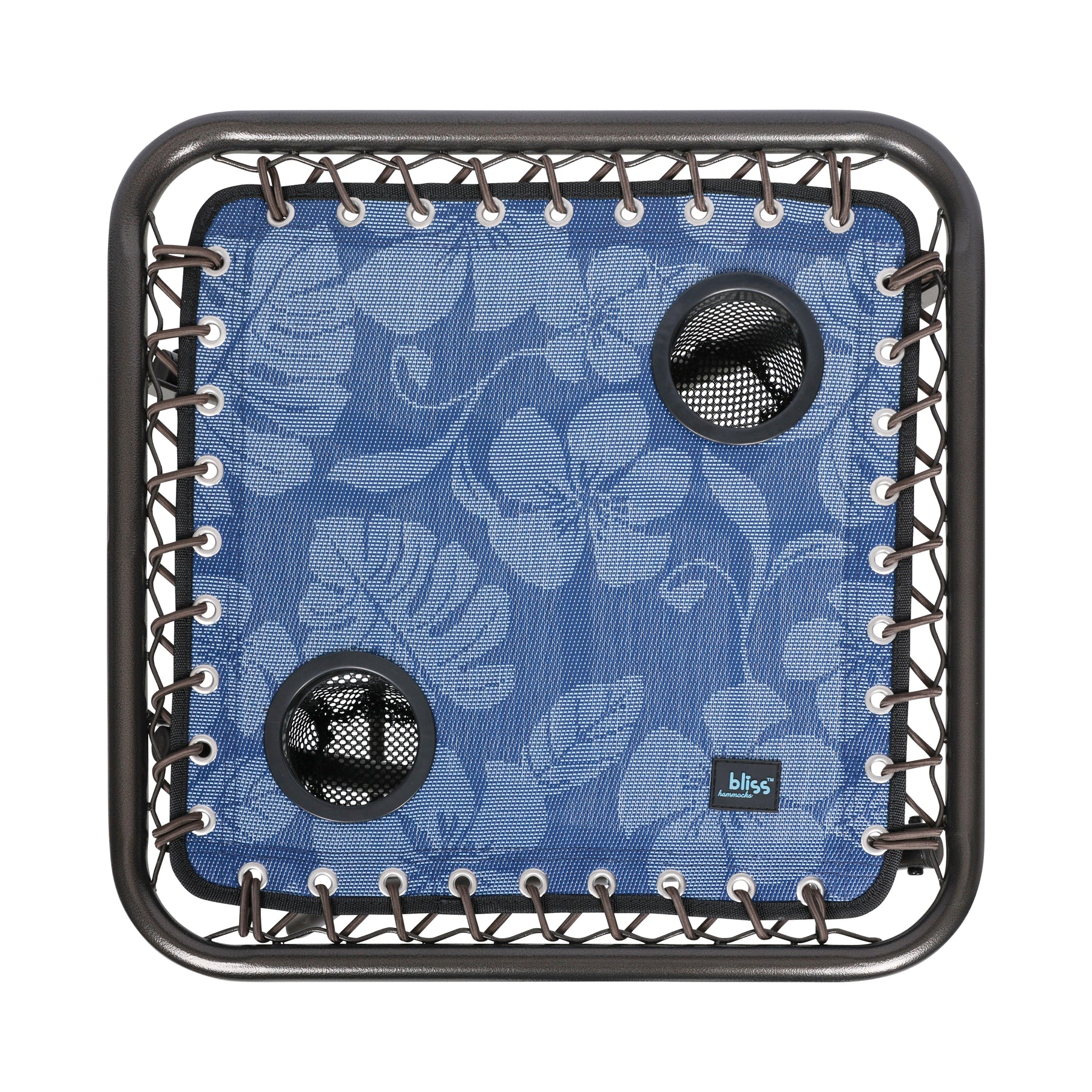 Top view of the Bliss Hammocks 20-inch Folding Side Table with 2 Built-In Cup Holders in the blue flowers variation.