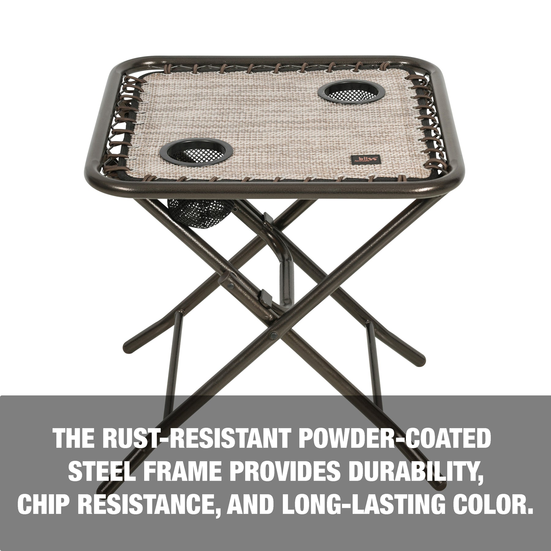 The rust-resistant powder-coated steel frame provides durability, chip resistance, and long-lasting color.