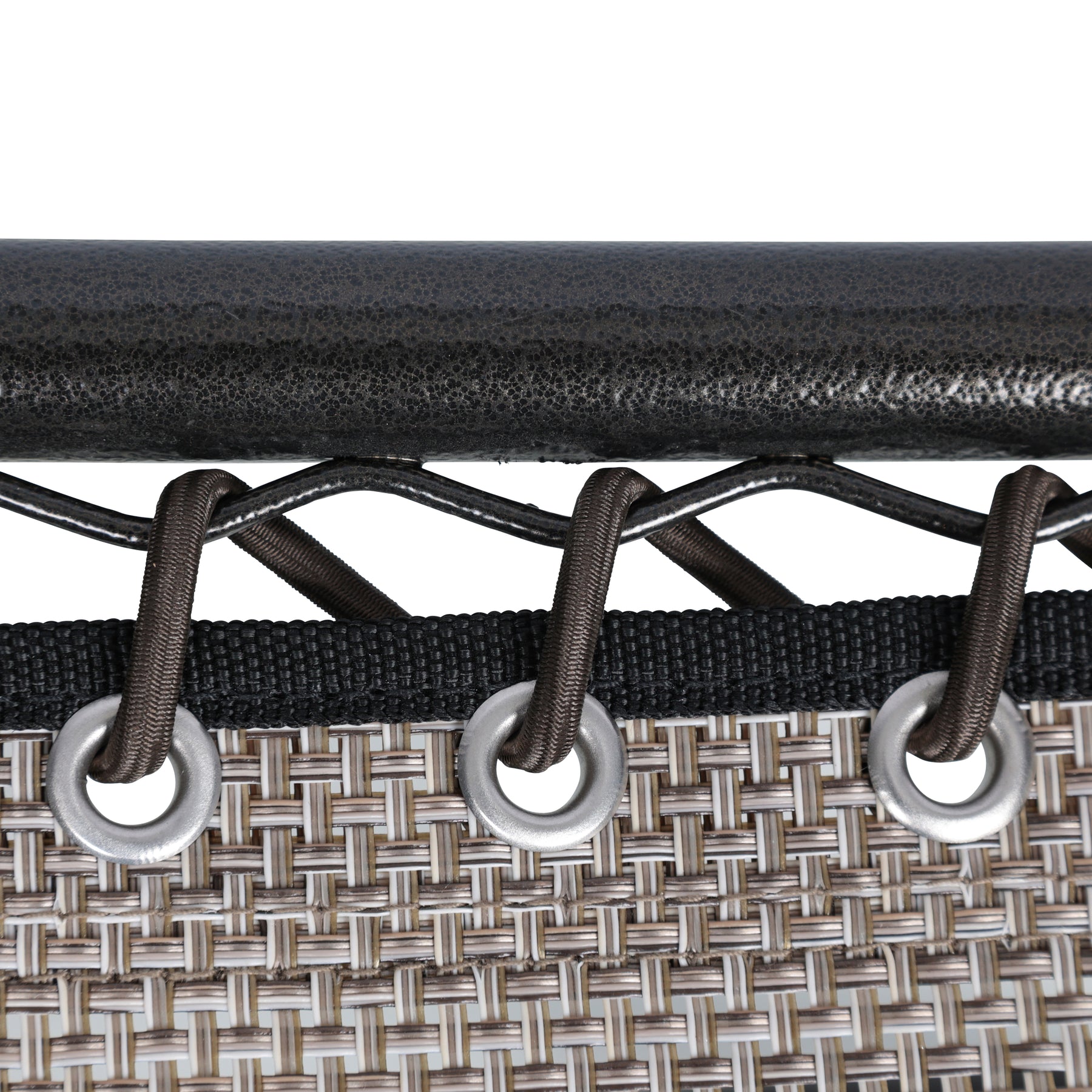 Close-up of the bungee cord that ties the table top to the frame.