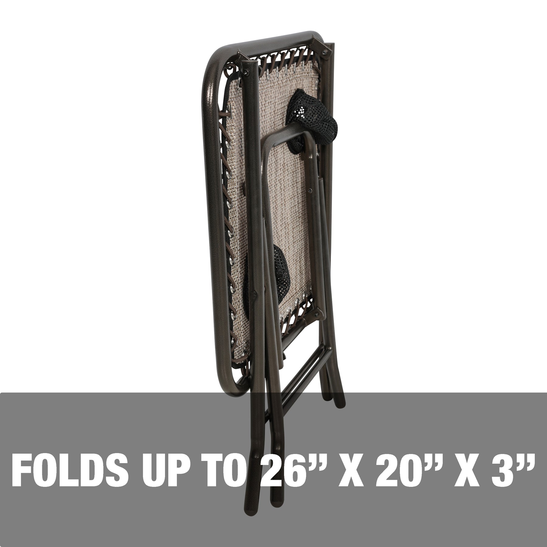 Folds up to 26 inches high, 20 inches long, and 3 inches wide.