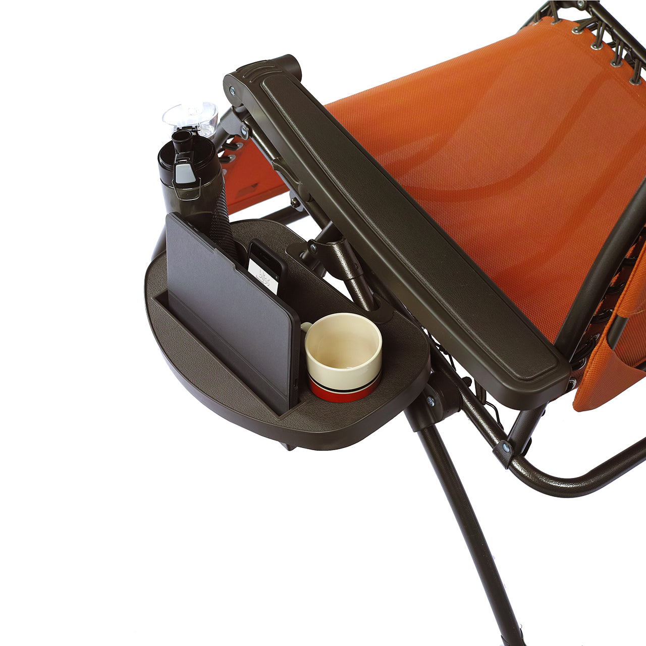 Bliss Hammocks Replacement Drink Tray attached to the side of a Gravity Free Chair and holding a much, water bottle, tablet, and cellphone.