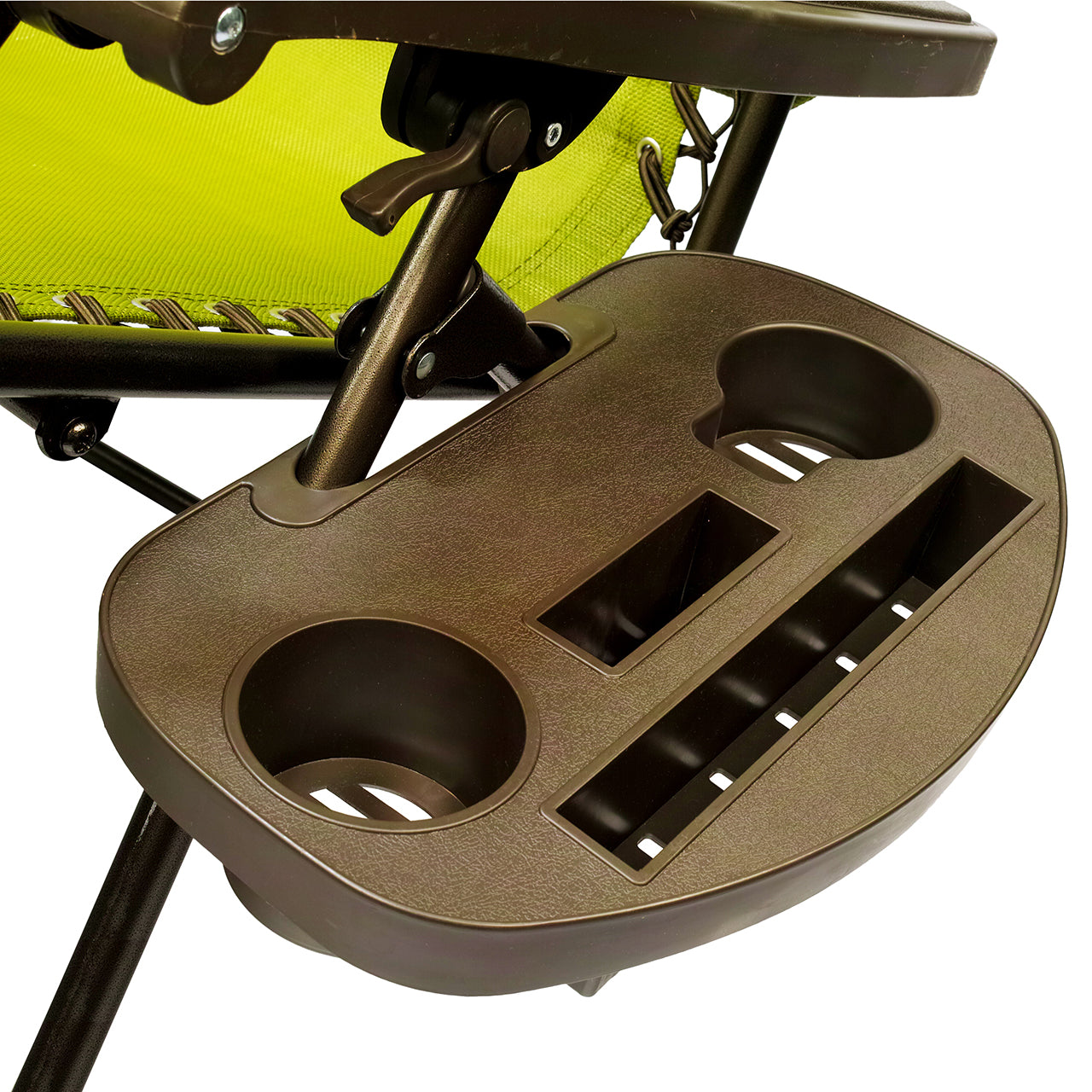 Bliss Hammocks Replacement Drink Tray for Zero Gravity Chairs attached to the side of a Gravity Free Chair.