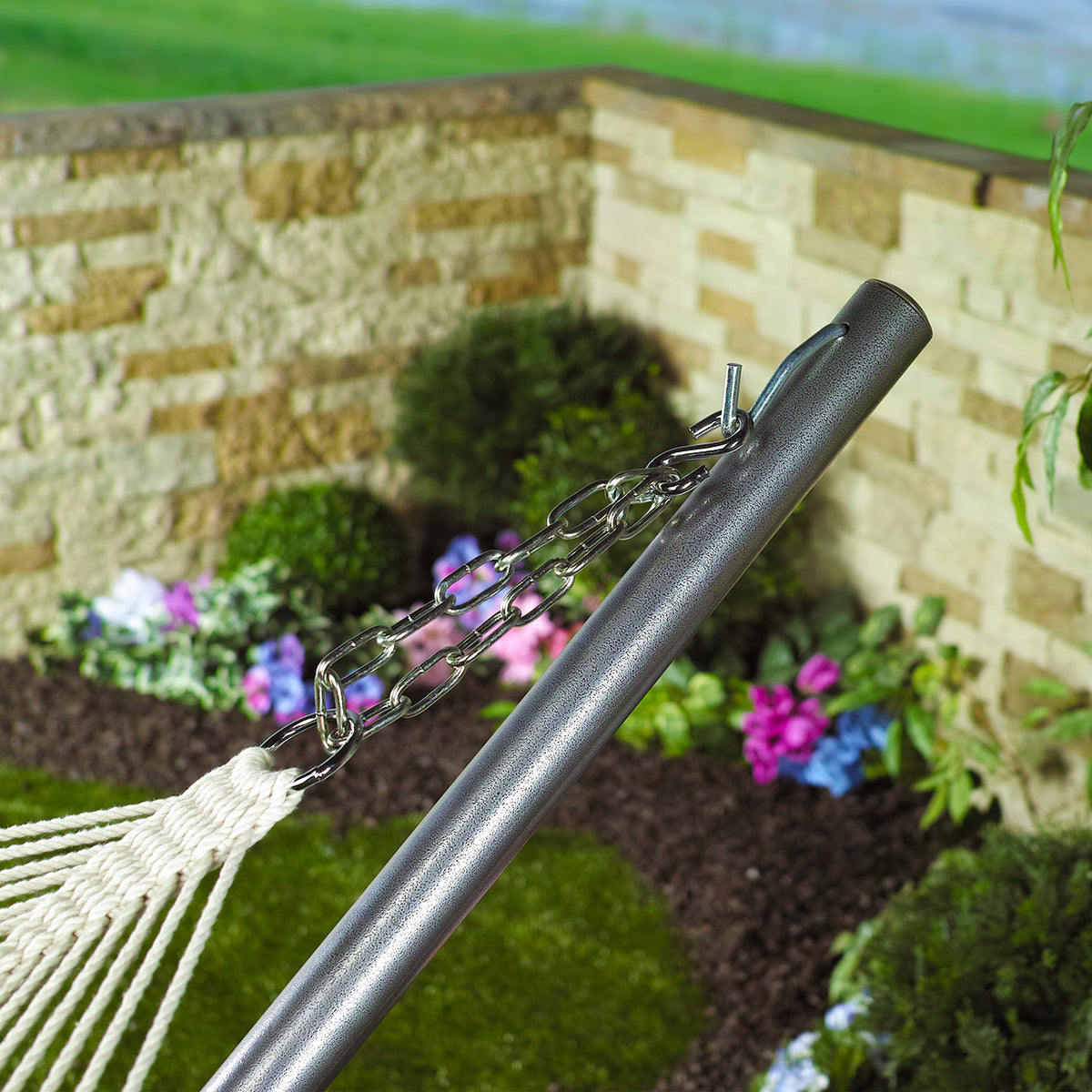 18-inch metal chain and S hook holding a hammock onto a hammock stand.