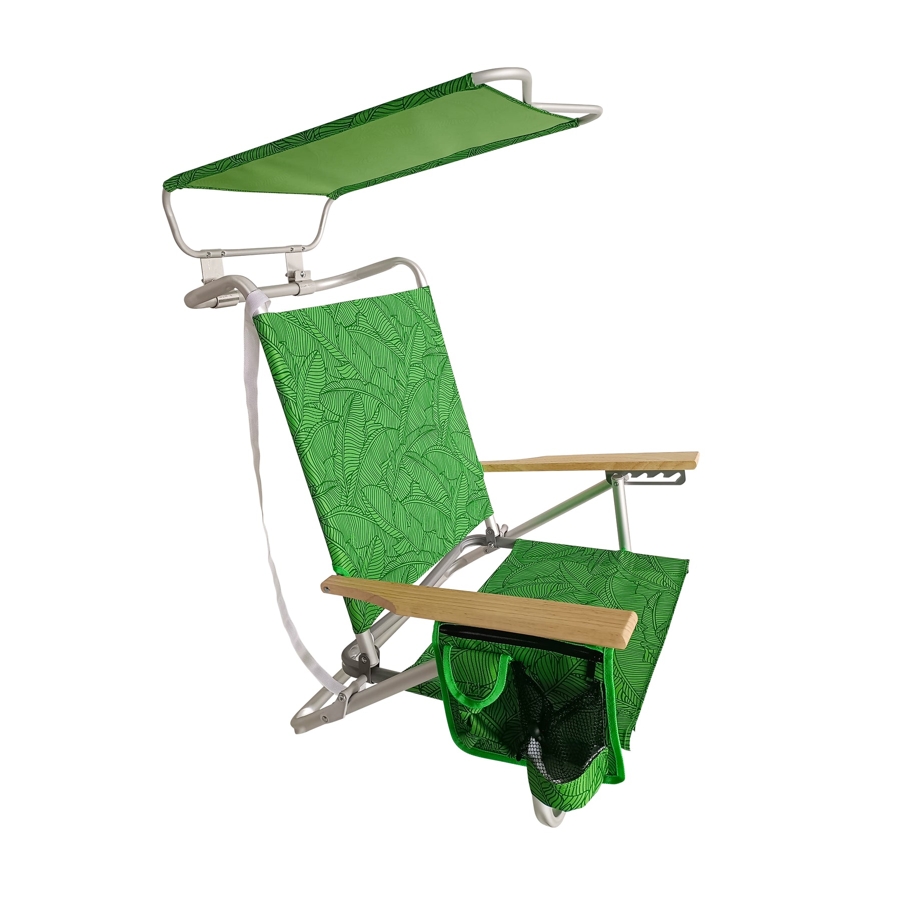 Bliss Hammocks Folding Beach Chair with Canopy, Storage Pouch, Phone Holder, Cup Holder, and Shoulder Straps in the green banana leaves  variation.