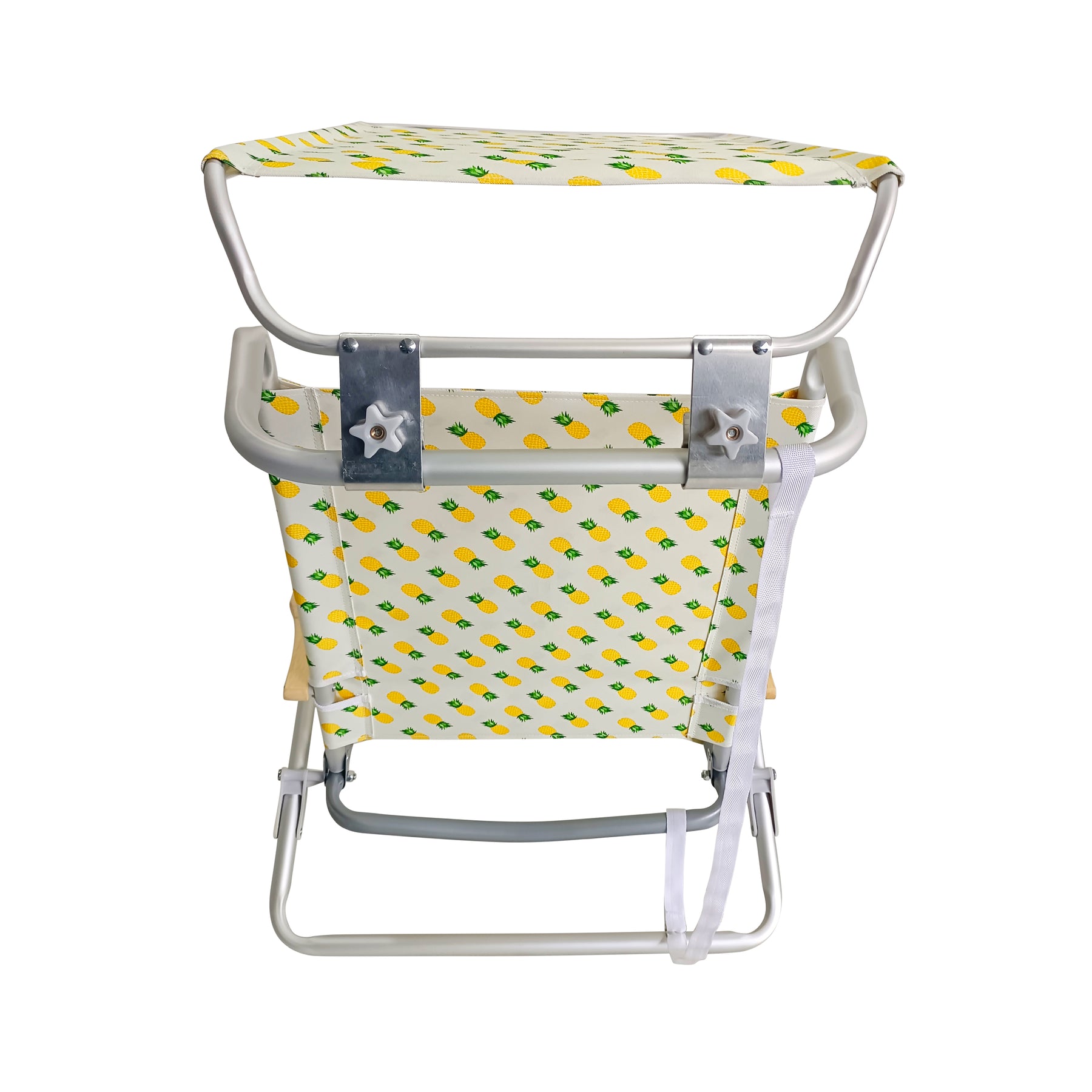 Back view of the Bliss Hammocks Folding Beach Chair with Canopy, storage pouch, phone holder, cup holder, and shoulder straps in the pineapple variation.
