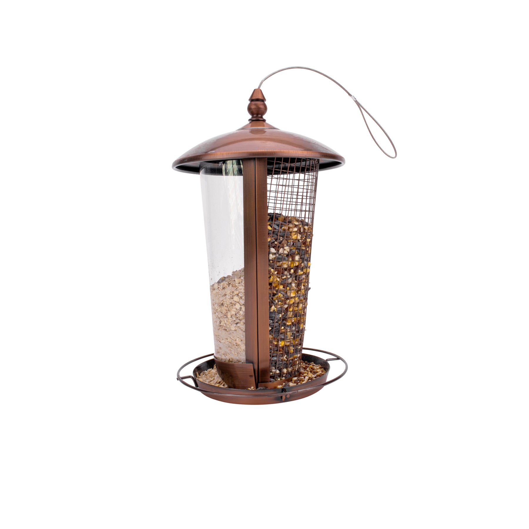 Bliss Outdoors 2-in-1 Hanging Bird Feeder filled with bird seed.