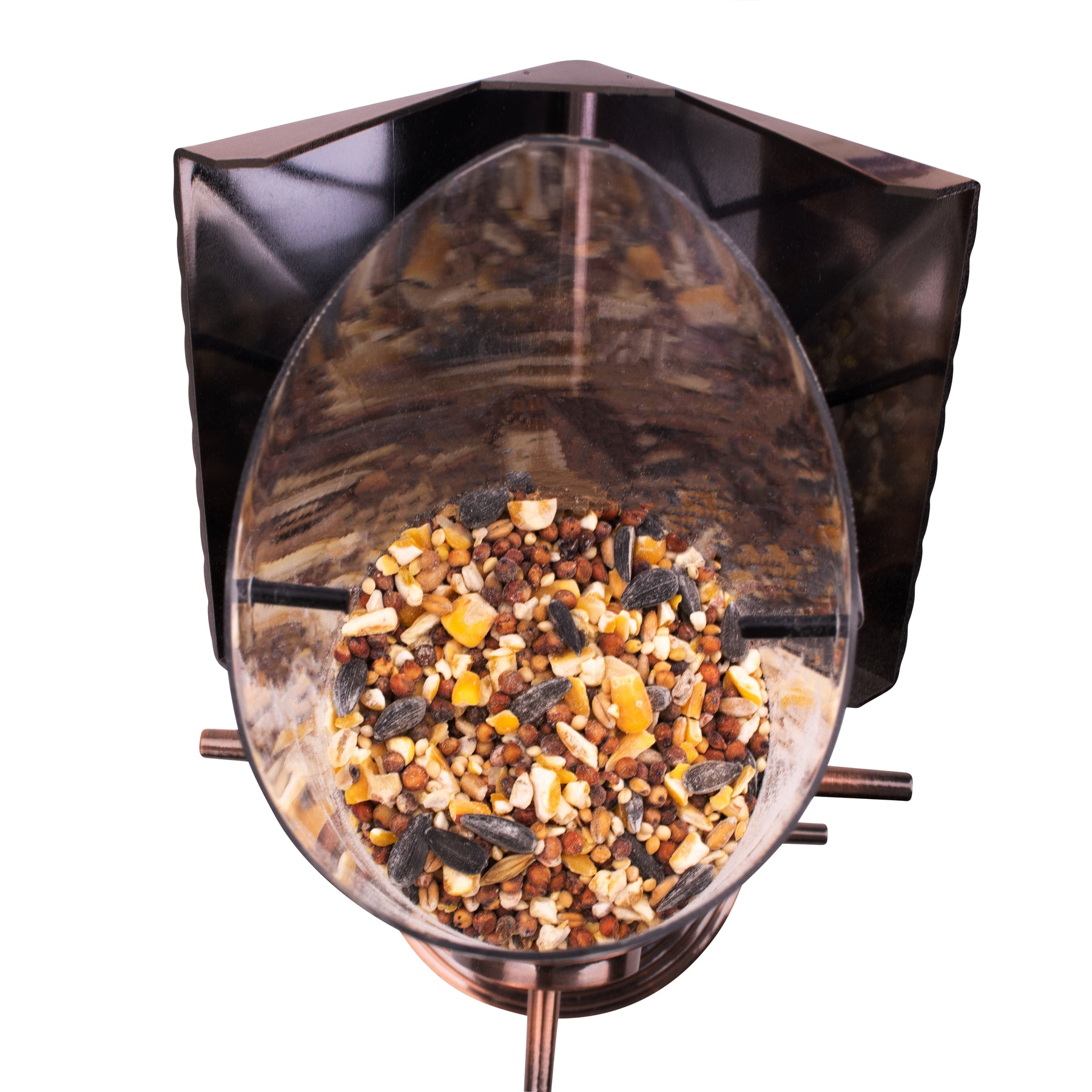 Inside view of Bliss Hammocks Bird Feeder with bird seed inside.