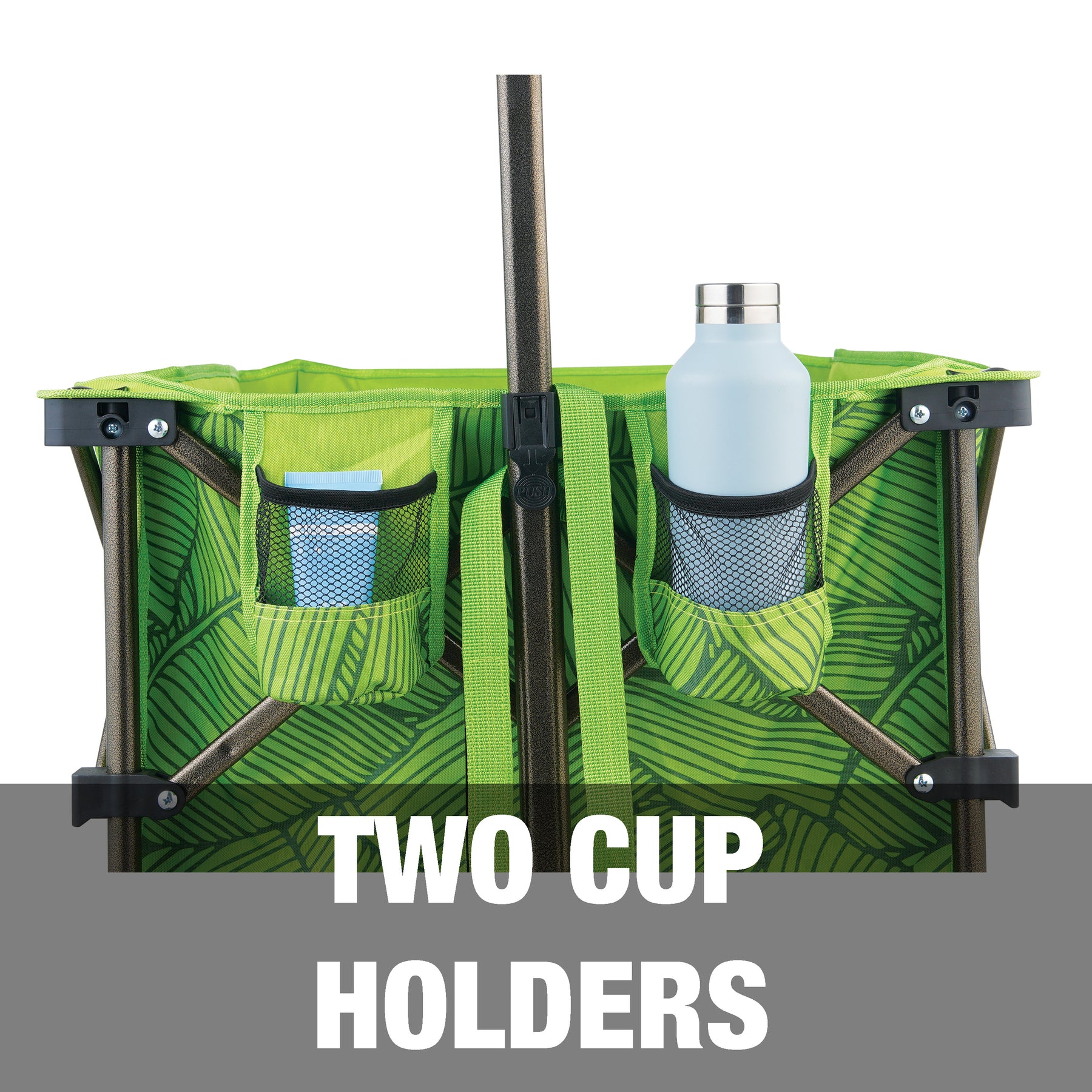 Features two cup holders.