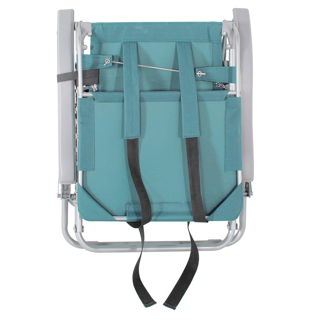 A folded Bliss Hammocks 26-inch Gravity Free Beach Chair with Pillow and Canopy in the sea glass variation showing the back straps.