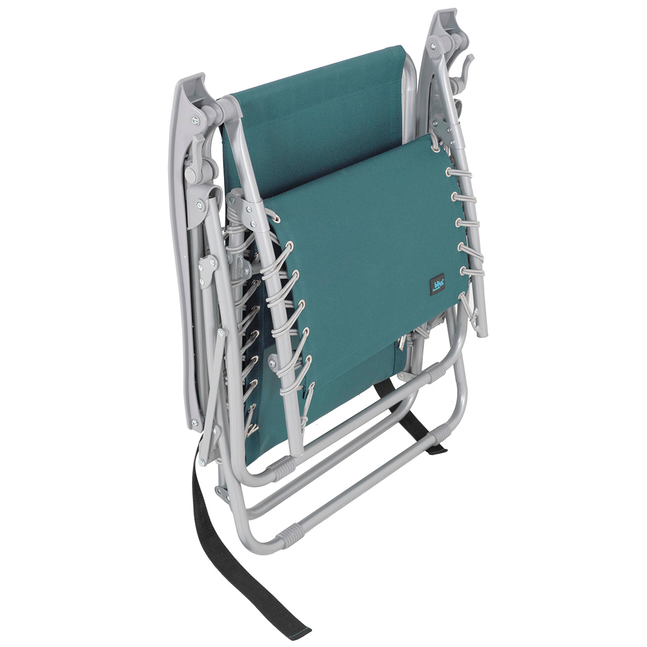 A folded Bliss Hammocks 26-inch Gravity Free Beach Chair with Pillow and Canopy in the sea glass variation.