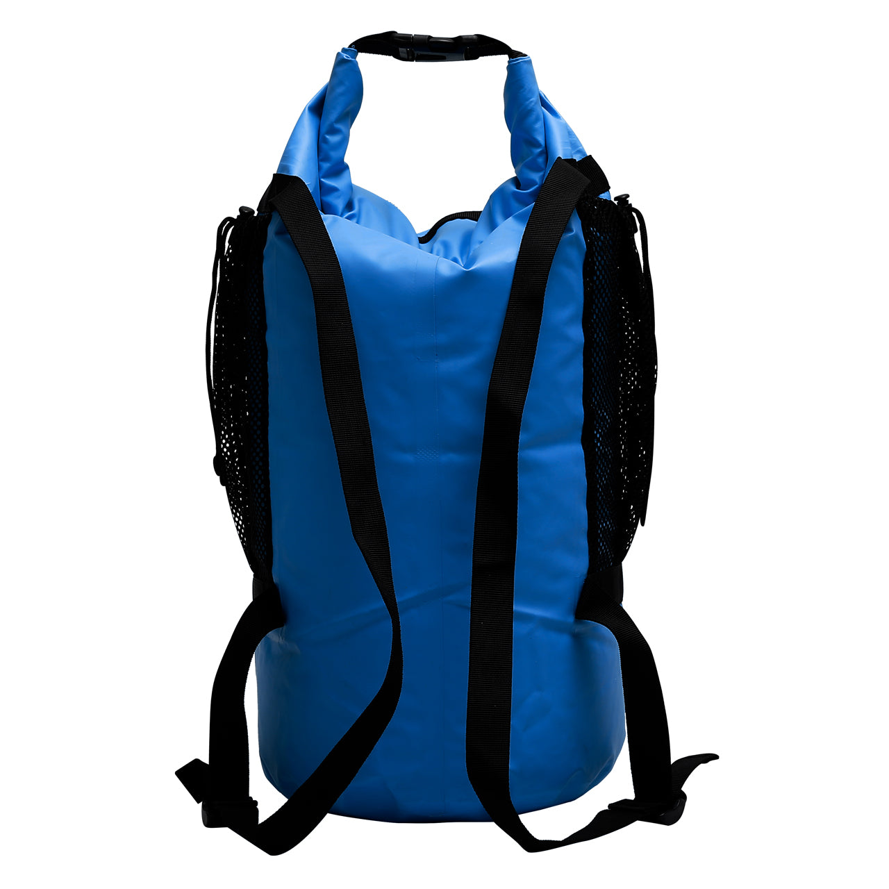Rear view of the TrailGear 20 liter Dry Bag Back Pack with Netted Pockets in the royal blue variation.