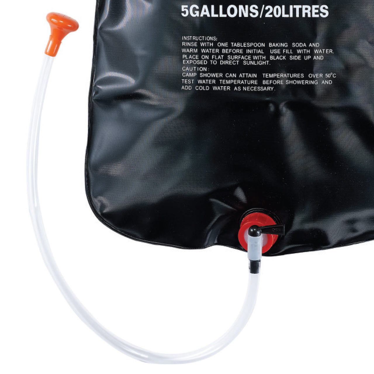 Close-up of the hose on the TrailGear 5 gallon Solar Shower Bag.
