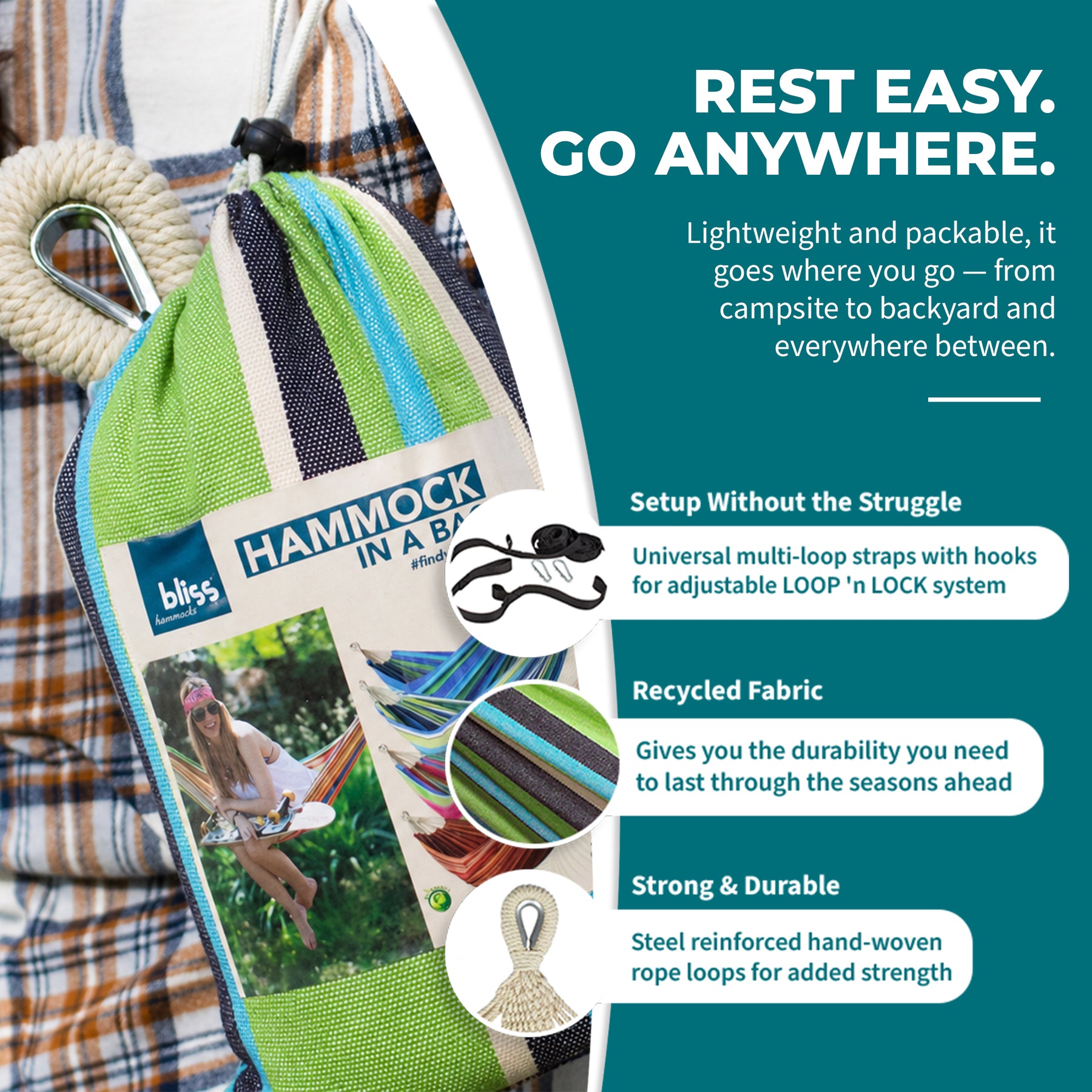 Bliss Hammocks Hammock in a Bag W/ Rope loops + Hanging Hardware + Universal Multi-Loop Suspension System | 40-in. Wide | 220 Lb. Capacity