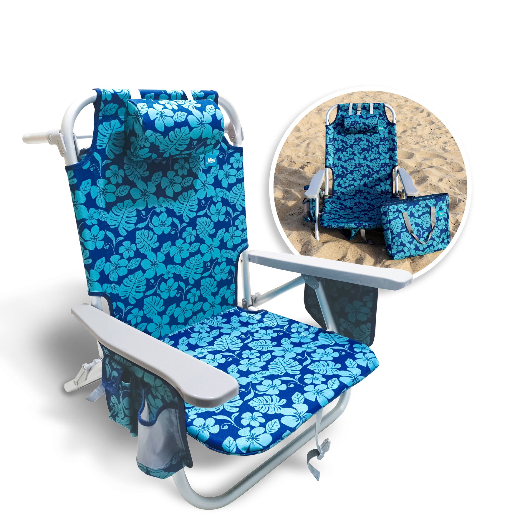 Backpack Aluminum Beach Chair W/ Side Pocket & Detachable Cooler Bag | 5 Reclining Positions | 275 Lb. Capacity