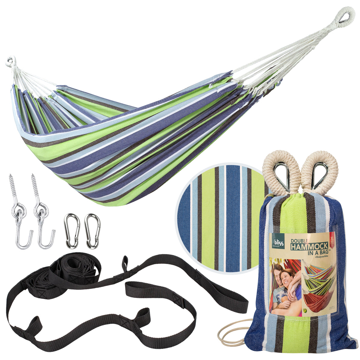 Bliss Hammocks Double Hammock in a Bag W/ Rope loops + Hanging Hardware + Universal Multi-Loop Suspension System | 60-in. Wide | 265 Lb. Capacity