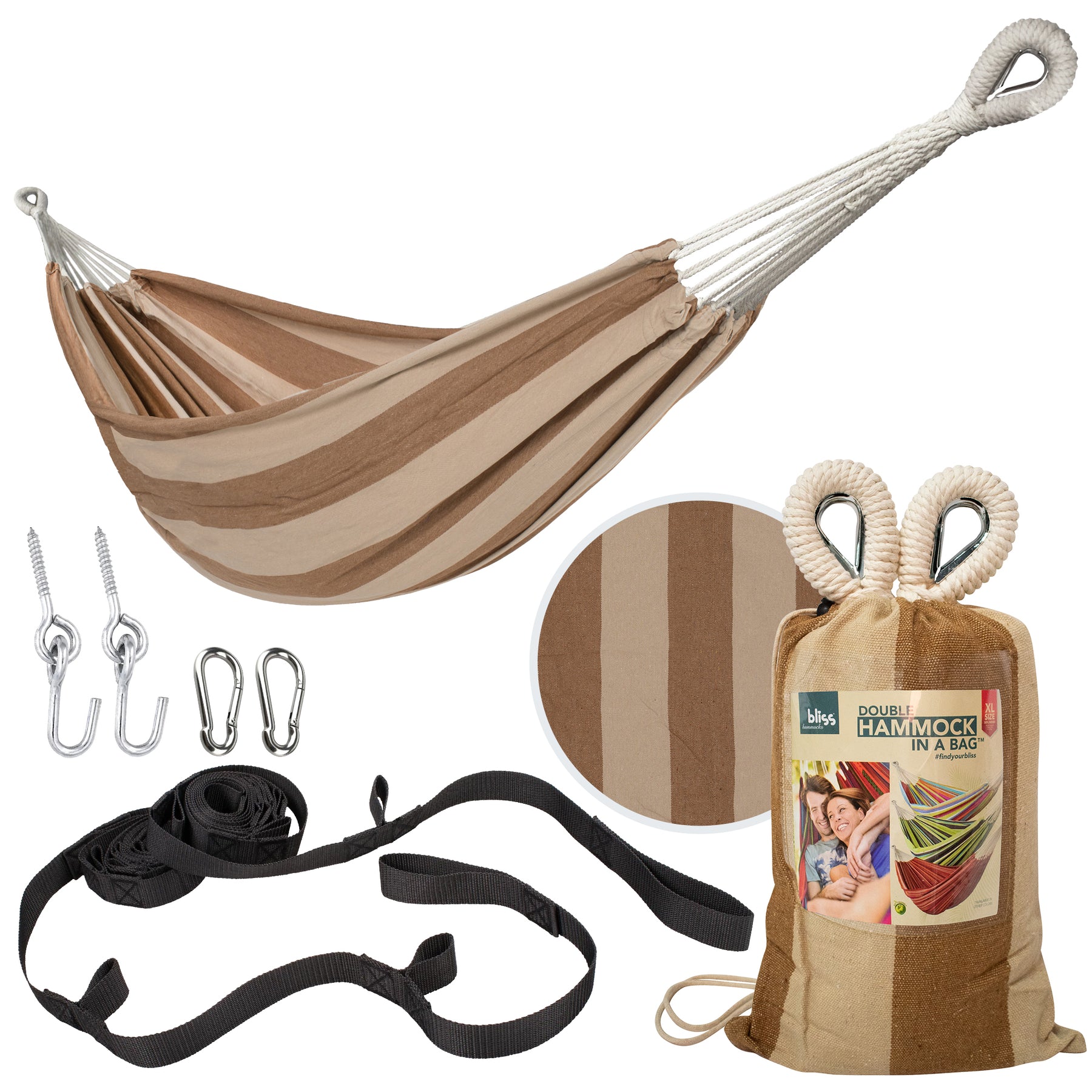 Bliss Hammocks Double Hammock in a Bag W/ Rope loops + Hanging Hardware + Universal Multi-Loop Suspension System | 60-in. Wide | 265 Lb. Capacity
