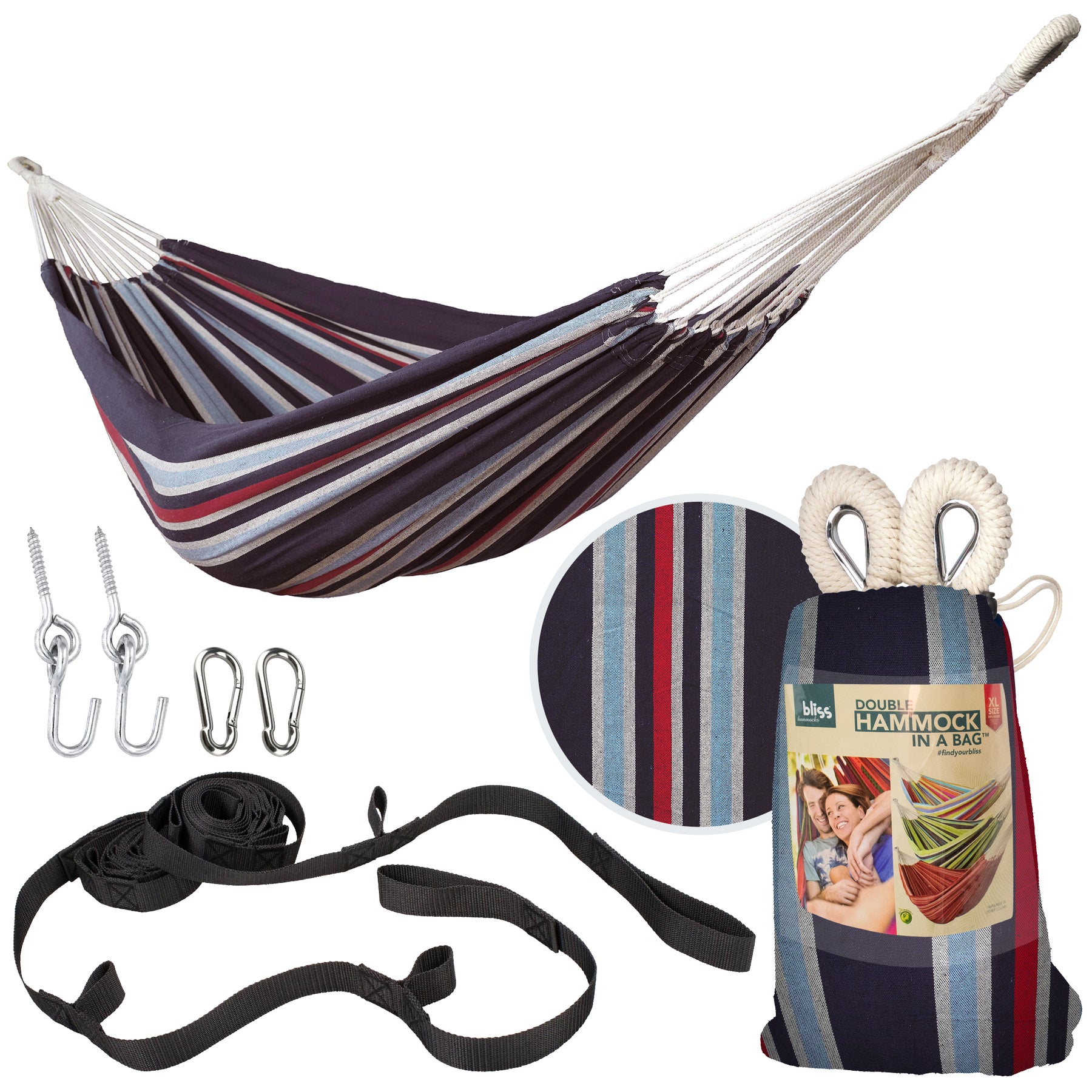 Bliss Hammocks Double Hammock in a Bag W/ Rope loops + Hanging Hardware + Universal Multi-Loop Suspension System | 60-in. Wide | 265 Lb. Capacity