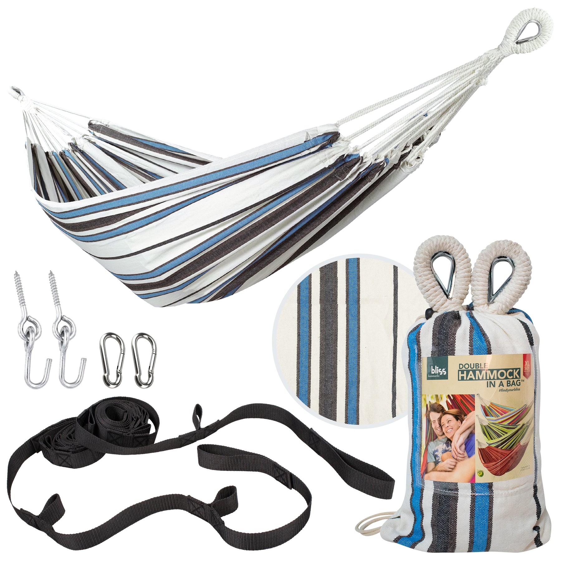 Bliss Hammocks Double Hammock in a Bag W/ Rope loops + Hanging Hardware + Universal Multi-Loop Suspension System | 60-in. Wide | 265 Lb. Capacity