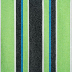 Close-up of the fabric and pattern showing the light green, blue, black, and white stripes.