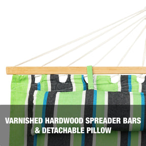 Varnished hardwood spreader bars and detachable pillow.
