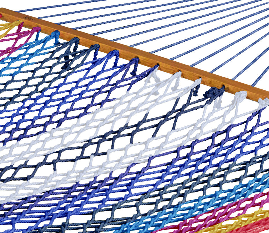 Close-up of the rope and colors on the Bliss Hammocks 60-inch Wide Multi-Color Rope Hammock.