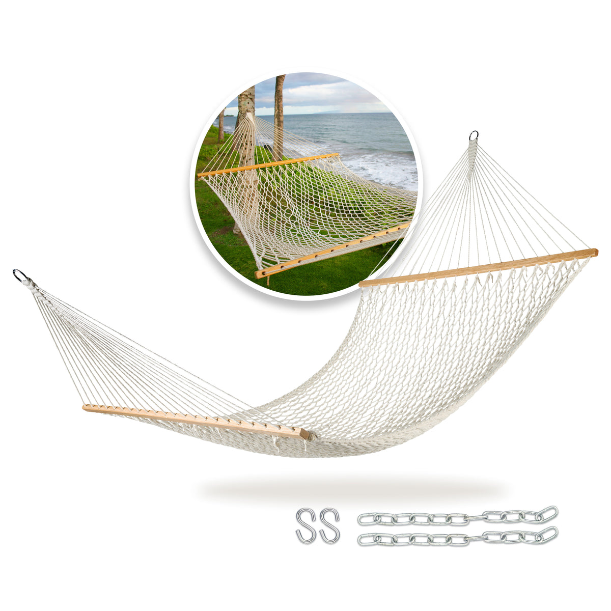 Cotton Rope Hammock w/ Spreader Bar & Hanging Hardware | 60-in. Wide | 450 Lb. Capacity
