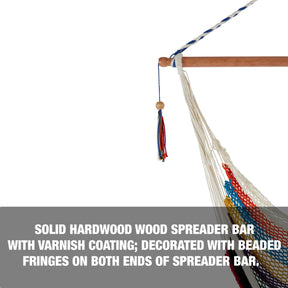 Solid hardwood spreader bar with varnish coating, decorated with beaded fringes on both sides of the bar.