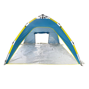 Front view of the beach tent with the back flap window open.