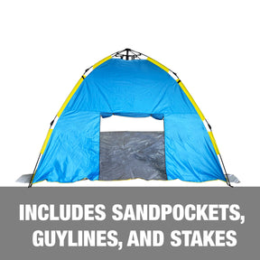 Includes sand pockets, guy lines, and stakes.