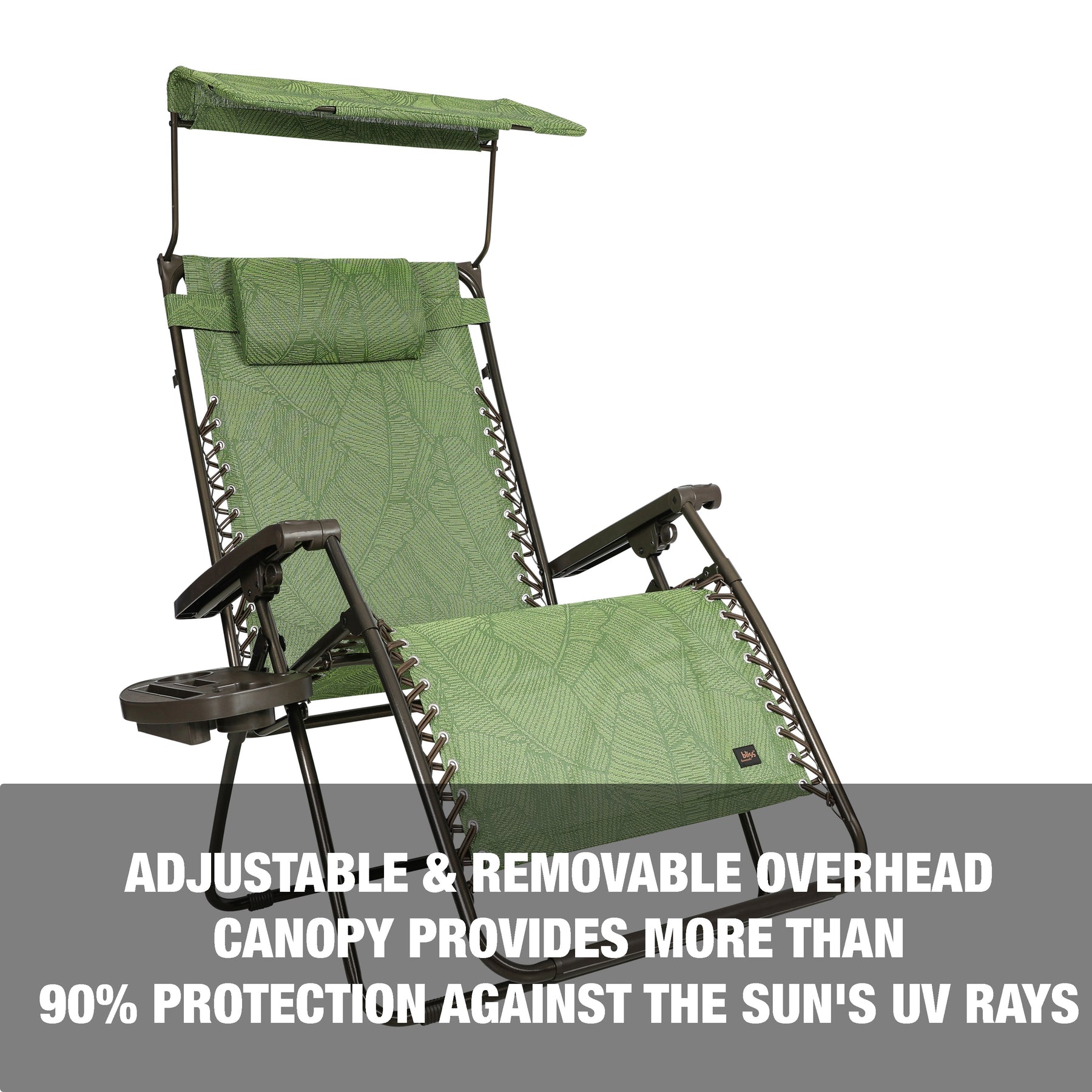 Adjustable and removeable overhead canopy provides more than 90 percent protection against the sun's UV rays.