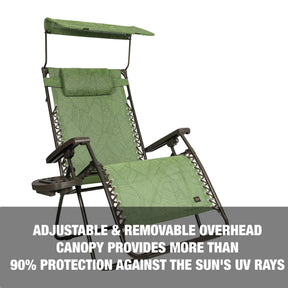 Adjustable and removeable overhead canopy provides more than 90 percent protection against the sun's UV rays.