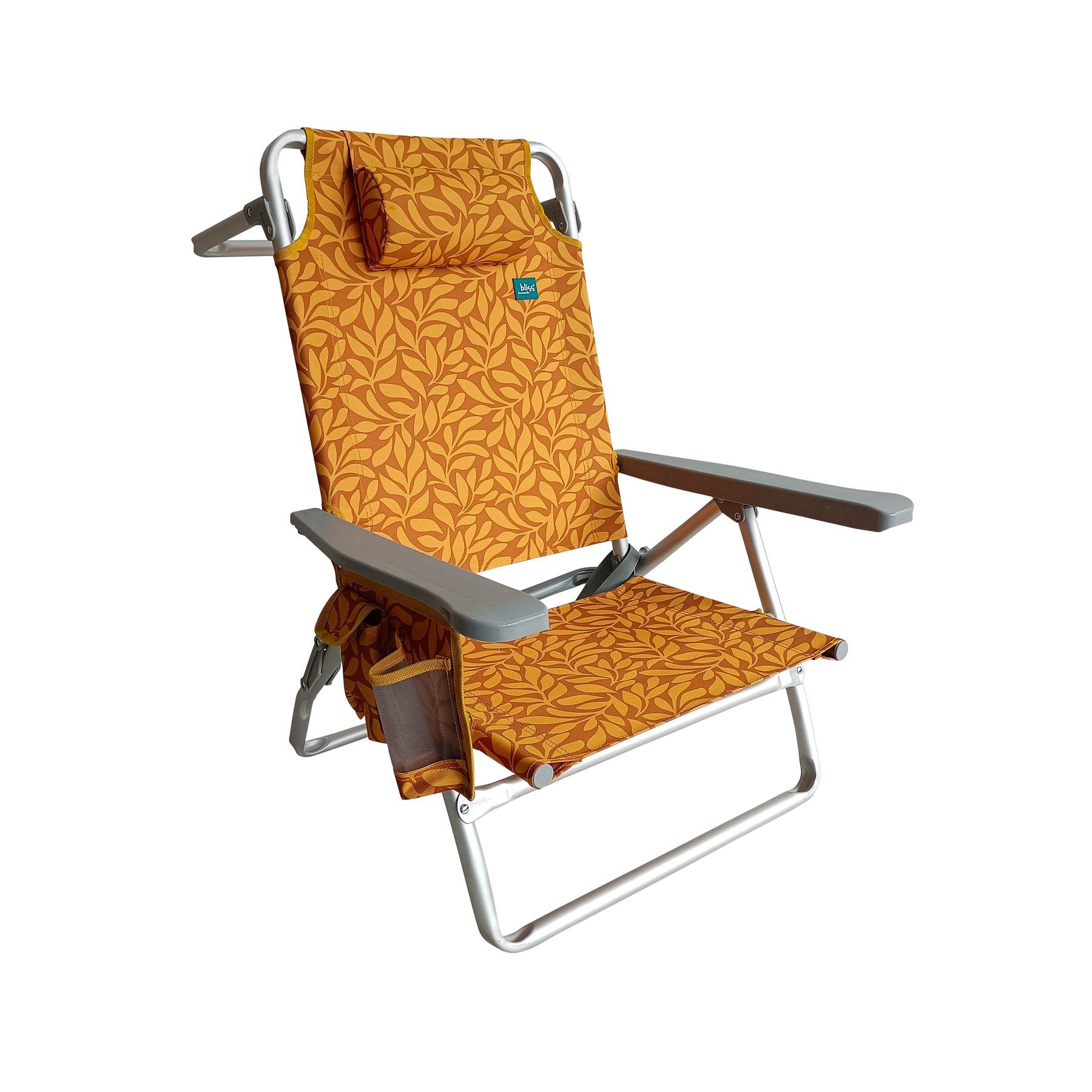 Bliss Hammocks Folding Beach Chair with Towel Rack, cup holder, and side pocket. Amber Leaf variation is an orange color with a light orange leaf pattern.