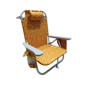 Bliss Hammocks Backpack Aluminum Beach Chair with a Side Pocket, 8 Reclining Positions, Foldable, and a Detachable Cooler Bag. Amber Leaf variation is an orange color with a leaf pattern.