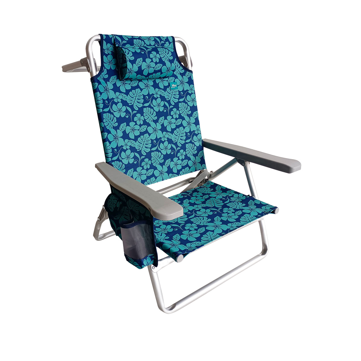 Bliss Hammocks Folding Beach Chair with Towel Rack, cup holder, and side pocket. Blue Flowers variation is a blue color with a light blue flower pattern.