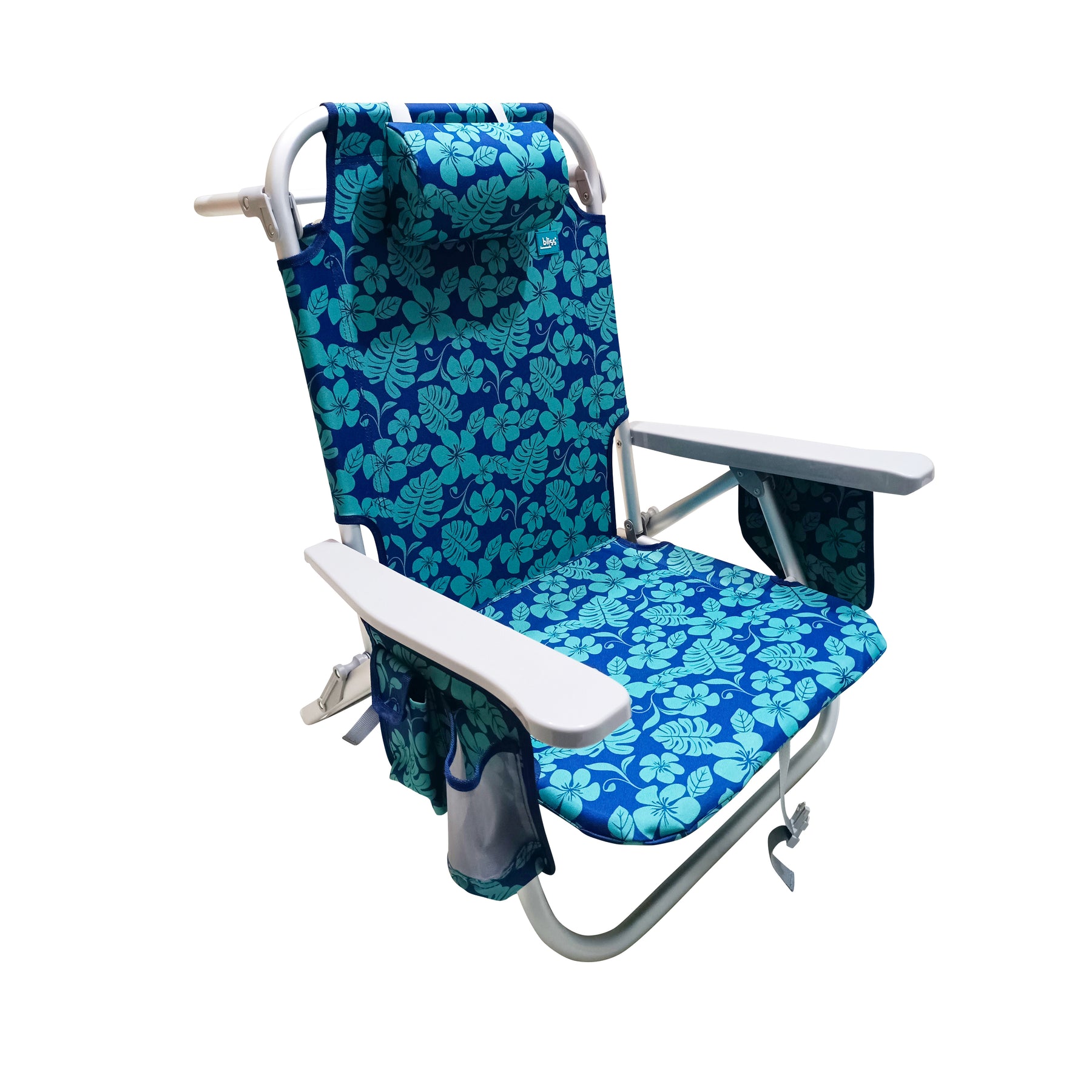 Bliss Hammocks Backpack Aluminum Beach Chair with a Side Pocket, 8 Reclining Positions, Foldable, and a Detachable Cooler Bag. Blue Flower variation is a blue color with a flower pattern.