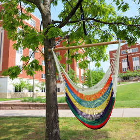 Bliss Hammocks 40-inch Multi-color Island Rope Hammock Chair hanging from a tree.