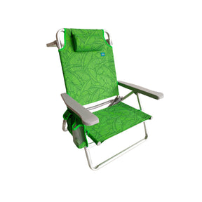 Bliss Hammocks Folding Beach Chair with Towel Rack, cup holder, and side pocket. Green Banana Leaves variation is a green color with a light green banana leaf pattern.