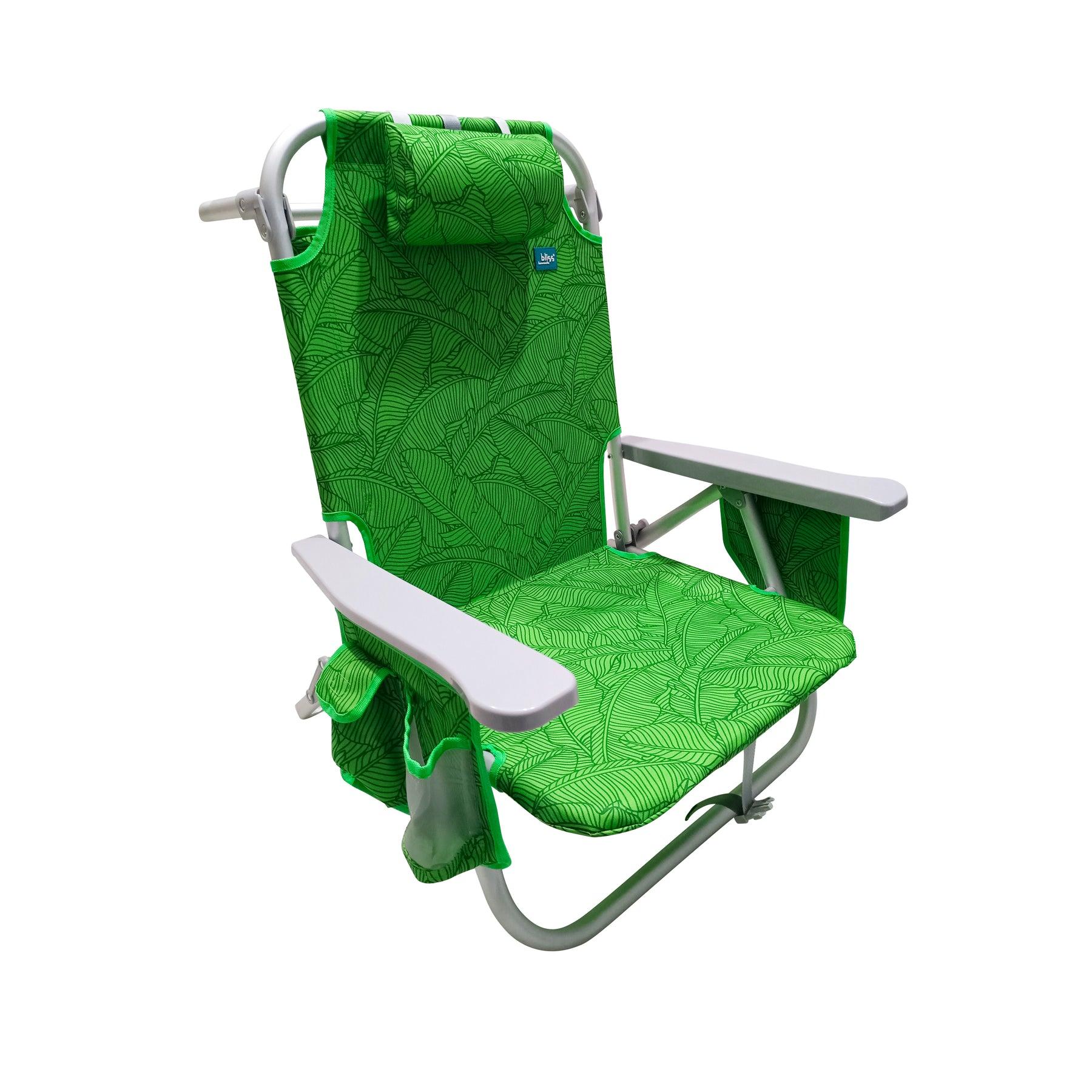 Bliss Hammocks Backpack Aluminum Beach Chair with a Side Pocket, 8 Reclining Positions, Foldable, and a Detachable Cooler Bag. Green Banana Leaves variation is a green color with a banana leaf pattern.