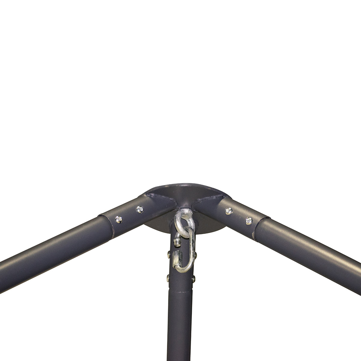 Close-up of the top of the Bliss Hammocks 96-inch Overhead Tripod Stand with Supporting Base Ropes, showing the carabiner that a chair would hang from.